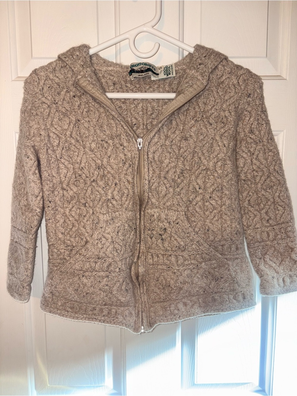 Aran Crafts Light Beige Cable Knit 100% Merino Wool Zip up Hoodie Sweater